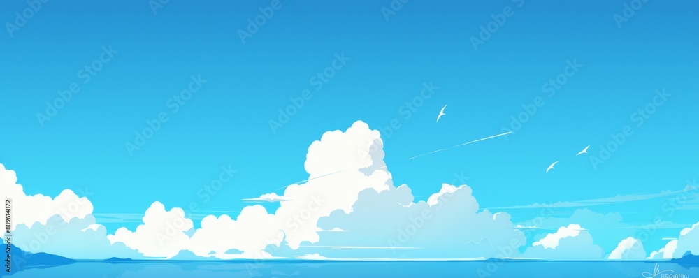 Fototapeta premium Blue sky with white clouds, panoramic view, horizontal composition