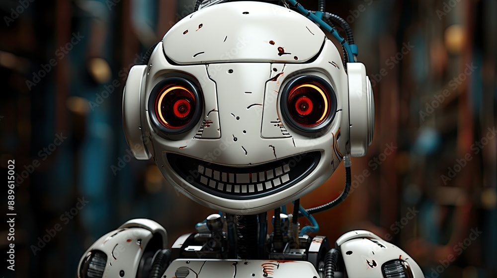 Smiling robot with red eyes and cracked white skin. Smiling robot with red eyes and cracked white skin.