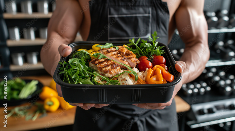 Gym interior scene with a man holding a black container of healthy fitness food, including white meat, fresh salad, and vegetables, ready for a muscle-building lunch. Gym interior scene with a man holding a black container of healthy fitness food, including white meat, fresh salad, and vegetables, ready for a muscle-building lunch.