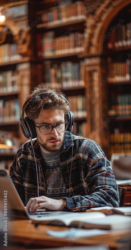 Handsome European Student Studying in a Traditional Library. Young Male ...