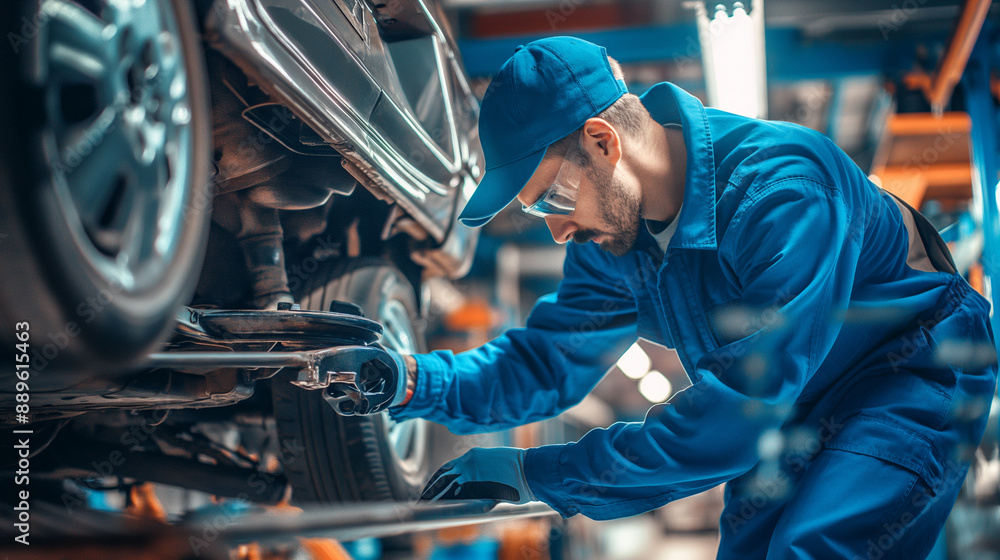 Mechanic in blue uniform and cap, focusing on repairing a car's undercarriage in a modern, fully-equipped garage space. Mechanic in blue uniform and cap, focusing on repairing a car's undercarriage in a modern, fully-equipped garage space.