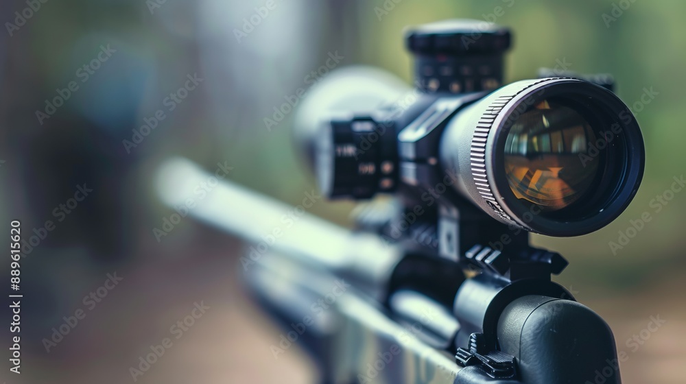 A sharp focus on the rifle scope with a beautiful forest background blurred, showcasing the advanced technology and clean lines of the hunting firearm. A sharp focus on the rifle scope with a beautiful forest background blurred, showcasing the advanced technology and clean lines of the hunting firearm.