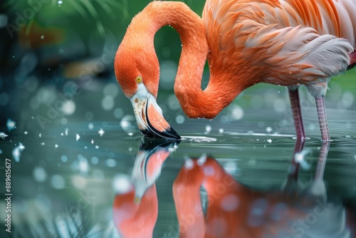 A close-up of a pink flamingo standing in shallow water, its head lowered to drink, with its reflection creating a striking mirror image in the pond.