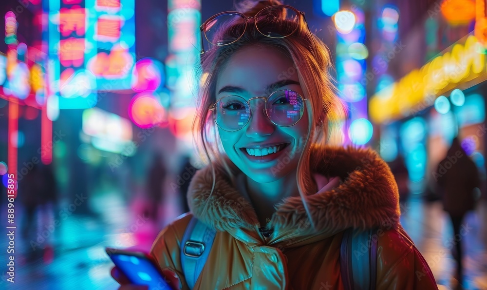 Beautiful Young Woman Using Smartphone Standing on the Night City Street Full of Neon Light. Portrait of Gorgeous Smiling Female Using Mobile Phone, Generative AI Beautiful Young Woman Using Smartphone Standing on the Night City Street Full of Neon Light. Portrait of Gorgeous Smiling Female Using Mobile Phone, Generative AI