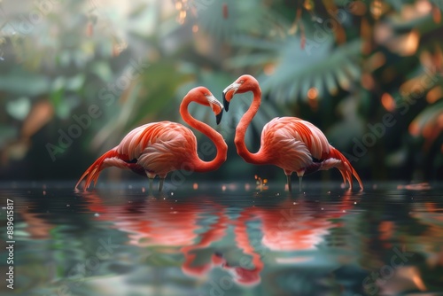 A pair of pink flamingos interacting in a quiet pond, their vivid reflections merging in the still water, creating a harmonious and serene image.