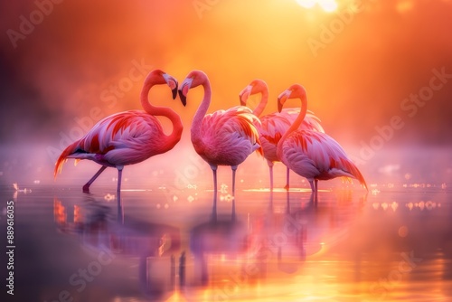 Pink flamingos standing in a calm lagoon, their silhouettes and vibrant colors beautifully reflected in the still waters under the golden light of dawn.