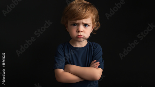 Little boy standing with arms crossed, angrily looking at the camera under studio lights. Annoyed toddler, studio shot, capturing an intense expression of childhood frustration.