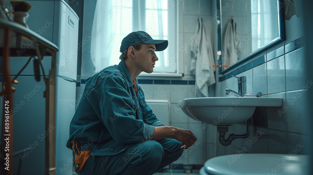 Skilled young handyman in uniform and cap, kneeling in a bathroom to repair the white pipes under the sink. Home maintenance scene, with an assortment of tools visible. Skilled young handyman in uniform and cap, kneeling in a bathroom to repair the white pipes under the sink. Home maintenance scene, with an assortment of tools visible.