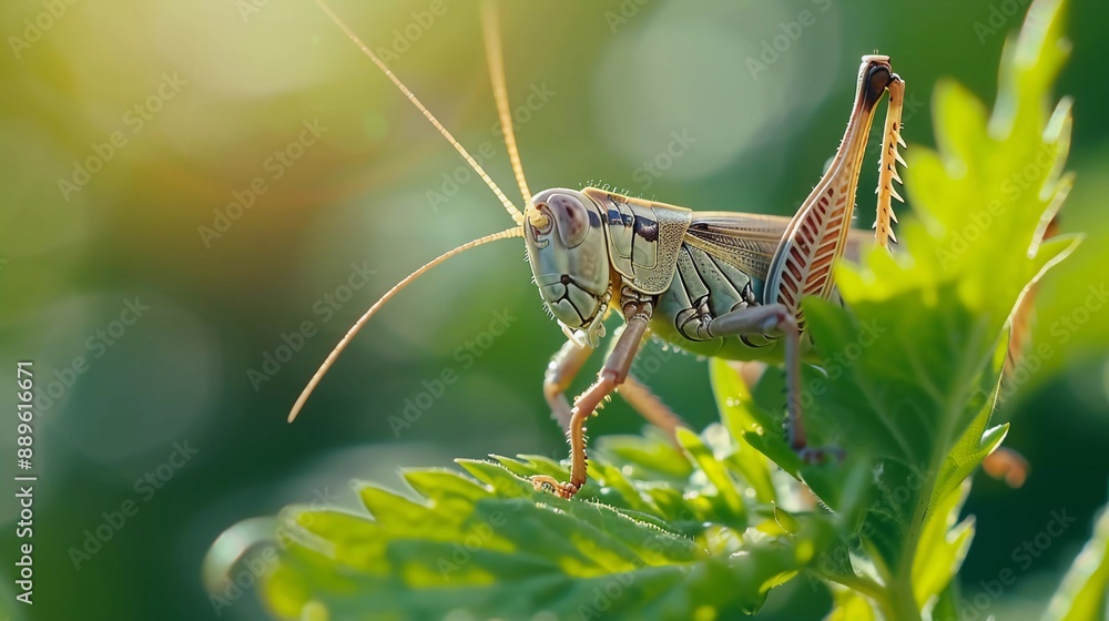 Fototapeta premium macro photography of a grasshopper in a green leaves