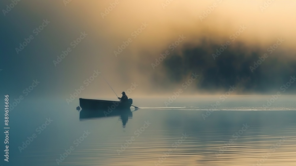A solitary fisherman casts his line in a foggy lake, surrounded by a captivating early morning fog, and symbolizes quiet reflection and peaceful solitude at dawn. A solitary fisherman casts his line in a foggy lake, surrounded by a captivating early morning fog, and symbolizes quiet reflection and peaceful solitude at dawn.