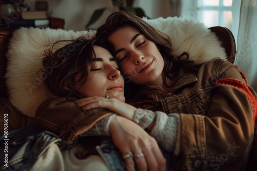 Young lesbian couple with eyes closed, seated on a comfortable armchair, one partner resting her head on the other's shoulder, both enveloped in a warm embrace. photo