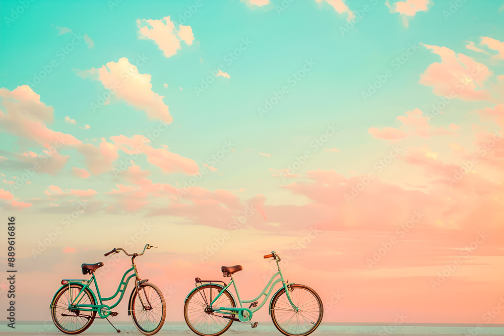 Fototapeta premium Bicycles parked under a pastel-colored sky