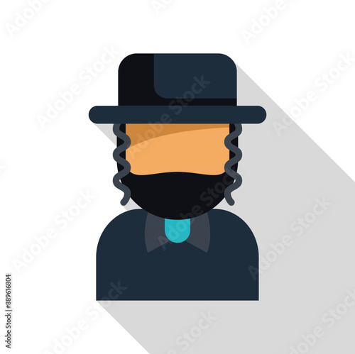 Jewish man wearing traditional clothes and hat with payot sidecurls flat design icon with long shadow