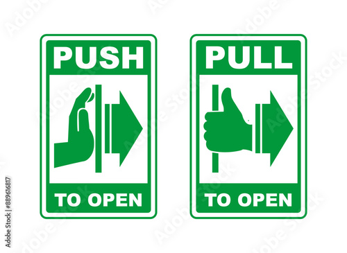 Push to open and pull to open label. Isolated vector icon symbols.