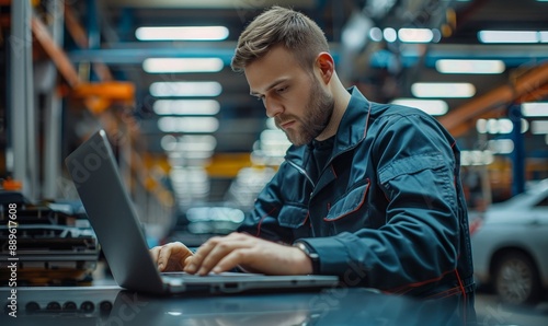 Car Factory Engineer in Work Uniform Using Laptop Computer with Spreadsheet Software. Working with Software at Automotive Industrial Manufacturing Facility Dedicated for Vehicle, Generative AI