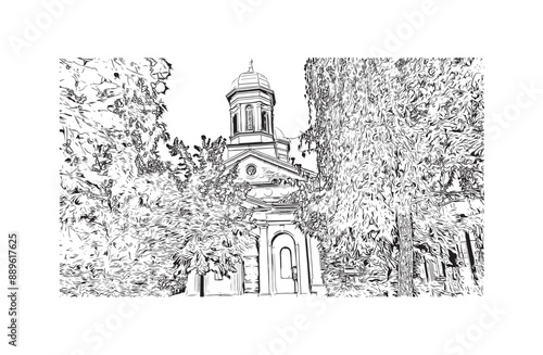 Building view with landmark of Bucharest Romanin. Hand drawn sketch illustration in vector.	