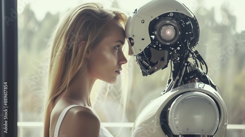 An evocative scene of a woman and a robot facing each other directly and making eye contact, symbolizing the growing relationship and bond between humans and technology.