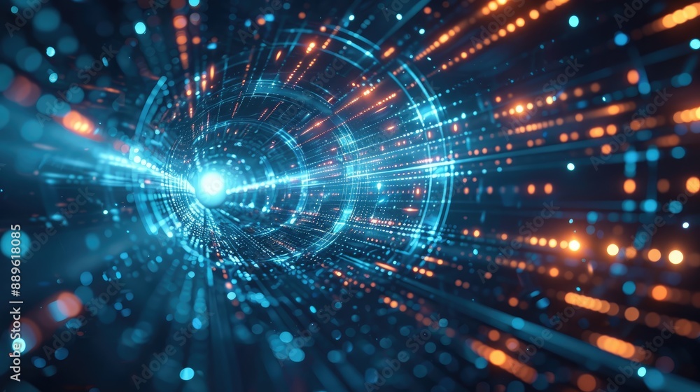 A futuristic tunnel of glowing blue and orange lights, representing data flow and digital connectivity, with a bright central point A futuristic tunnel of glowing blue and orange lights, representing data flow and digital connectivity, with a bright central point