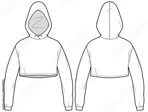 Women's Long sleeve cropped  Hoodie jacket design flat sketch Illustration, Crop top Hooded sweater jacket with front and back view cad drawing template