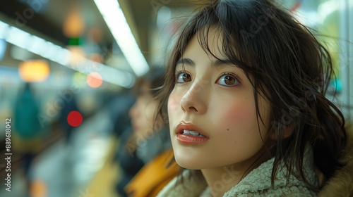 電車を並んで待つ日本人女性