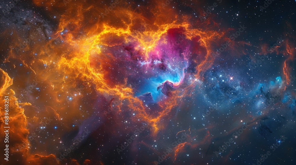 The image is an abstract painting of a nebula. It has a red, orange, yellow, purple, blue and pink color scheme. The nebula is in the shape of a heart. The image is an abstract painting of a nebula. It has a red, orange, yellow, purple, blue and pink color scheme. The nebula is in the shape of a heart.
