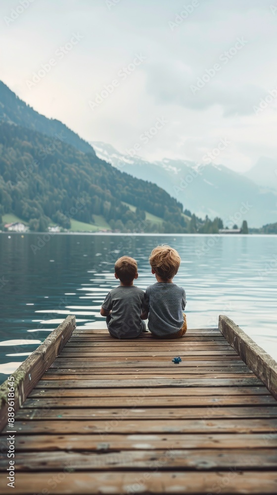 Two young boys are sitting on a dock by a lake, looking out at the water Two young boys are sitting on a dock by a lake, looking out at the water