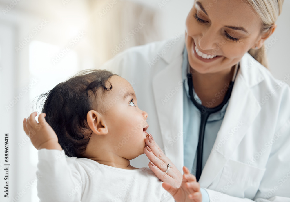 Pediatrician, doctor and baby with consultation, checkup and appointment for wellness, medicare and smile. Professional, infant and kid in office, healthcare and progress with examination and joyful Pediatrician, doctor and baby with consultation, checkup and appointment for wellness, medicare and smile. Professional, infant and kid in office, healthcare and progress with examination and joyful
