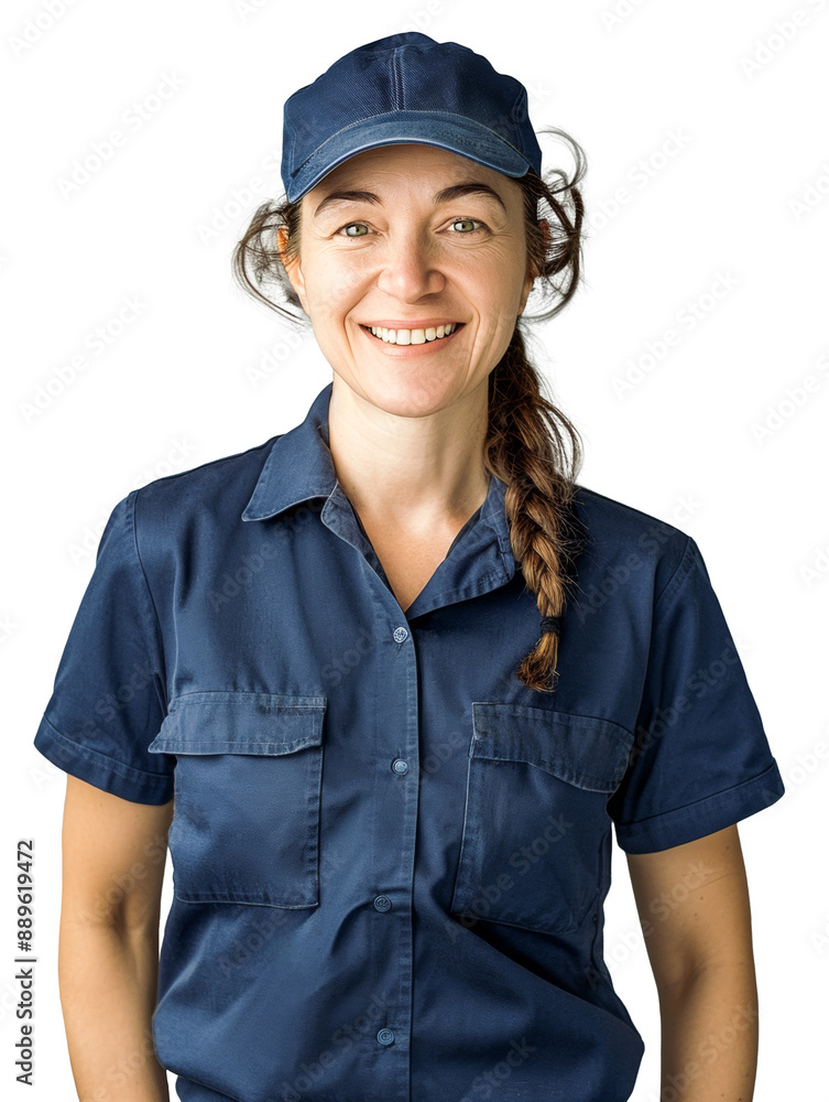 Middle-aged Caucasian woman in her 40s, wearing a blue work shirt and cap job uniform, smiling warmly and looking approachable. Middle-aged Caucasian woman in her 40s, wearing a blue work shirt and cap job uniform, smiling warmly and looking approachable.