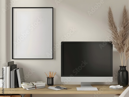 A mockup of an empty black poster frame on the wall, sitting above a desk with computer.
