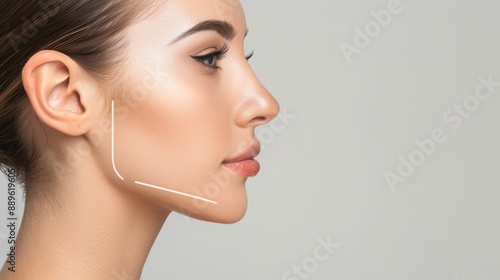 Close-up profile of a woman, her jawline marked by white lines for desired contour. Hair pulled back, face shown from the side photo