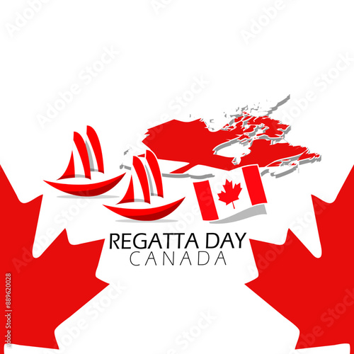 Regatta Day event sport banner. Illustration of ships with map and Canadian flag on white background to celebrate on August in Canada