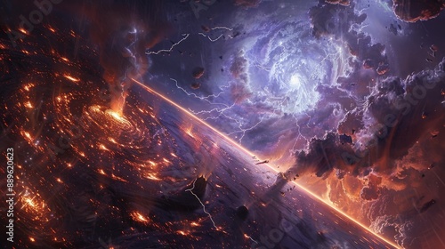 A cosmic storm engulfing a battlefield, with lightning strikes and gravitational anomalies affecting the combatants' strategies. photo