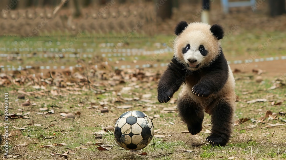 A charming panda cub enthusiastically runs towards a soccer ball in a natural outdoor setting, embodying the essence of joy and playfulness in wildlife photography. A charming panda cub enthusiastically runs towards a soccer ball in a natural outdoor setting, embodying the essence of joy and playfulness in wildlife photography.