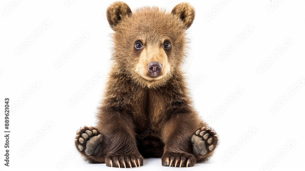 Fototapeta premium An adorable brown bear cub poses with its paws extended against a pristine white background, capturing the essence of youthful innocence and charm in wildlife photography.