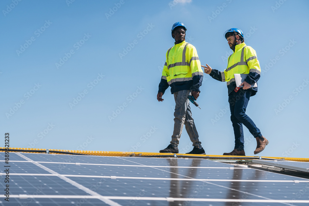 The engineer installs the solar panel, promoting the clean energy concept. The engineer installs the solar panel, promoting the clean energy concept.