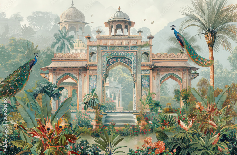 Mughal garden with peacock, parrot, plant and botanical tree landscape illustration pattern