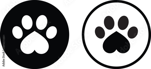 Paw print with heart icon set in two styles . Heart shaped pet paw print icon . Vector illustration