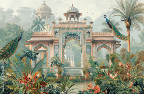 Mughal garden with peacock, parrot, plant and botanical tree landscape illustration pattern
 photo