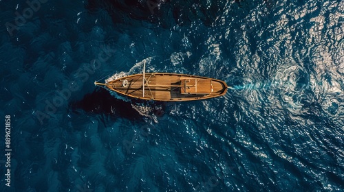 Aerial perspective of a wooden boat cutting through the blue waters. The image highlights the simplicity and elegance of maritime craftsmanship against the ocean’s vastness.