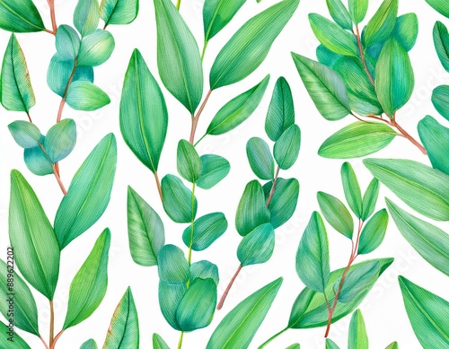 Seamless floral pattern with hand drawn watercolor eucalyptus branch plant isolated on white. Repeat botanical background with green leaves.