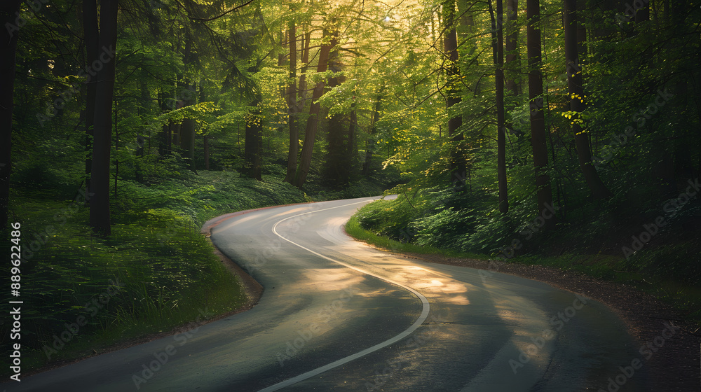 Fototapeta premium A winding road in a forest with trees on both sides