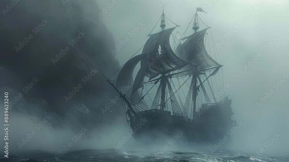 A ghostly ship with torn sails navigates through a dense fog, creating an eerie and mysterious atmosphere A ghostly ship with torn sails navigates through a dense fog, creating an eerie and mysterious atmosphere
