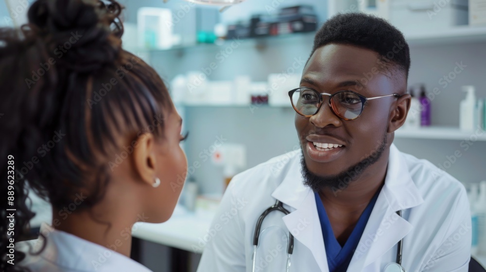 A male doctor is speaking to a female patient in a clinic. He is smiling and appears to be listening intently.
