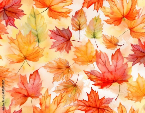 Watercolor seamless pattern. Autumn falling leaves. Autumnal foliage fall and orange maple leaves flying in wind motion blur.