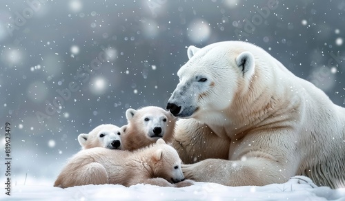 Photo of a polar bear with her cubs on the snow. Polar bear family. photo