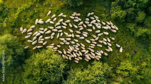 Aerial view showcasing a dense forest area with a flock of sheep scattered throughout the greenery, exuding tranquility and connection with nature.