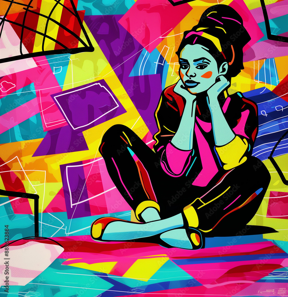 A vibrant, geometric artwork featuring dynamic woman in bold poses, with a mix of bright colors, abstract shapes, and modern, digital art influences. A vibrant, geometric artwork featuring dynamic woman in bold poses, with a mix of bright colors, abstract shapes, and modern, digital art influences.
