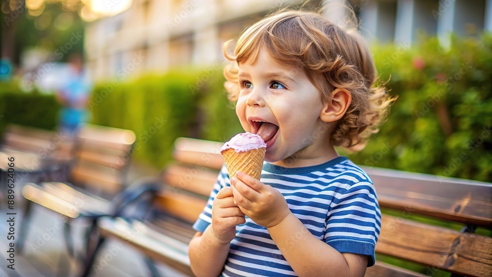 Baby boy kid hold strawberry ice cream in waffles cone isolated on background with free text copy space Baby boy kid hold strawberry ice cream in waffles cone isolated on background with free text copy space