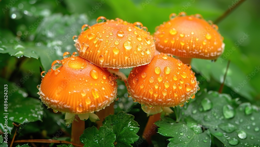 Orange Mushrooms with Dew Drops in a Lush Green Forest Orange Mushrooms with Dew Drops in a Lush Green Forest