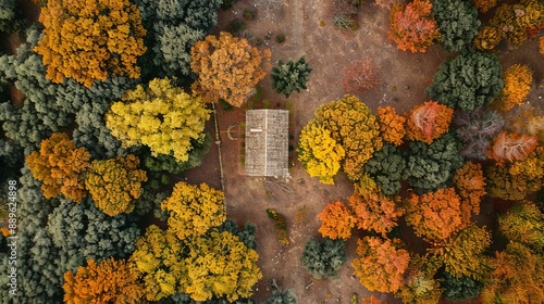 Top view of a solitary house surrounded by an autumn landscape filled with diverse colored trees, encapsulating a tranquil autumn mood within a natural rural setting. photo